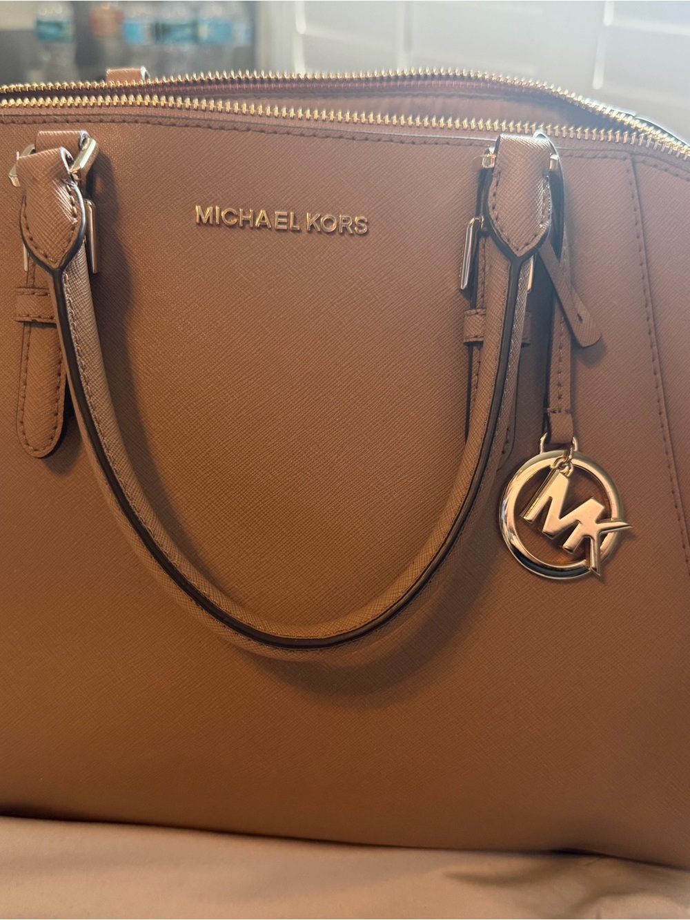Michael Kors Tan Saffiano Leather Satchel with Gold Charm
